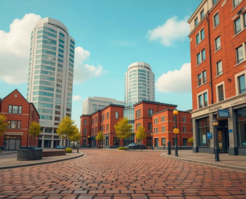Urban landscape with a charming cobbled street bordered by brick buildings