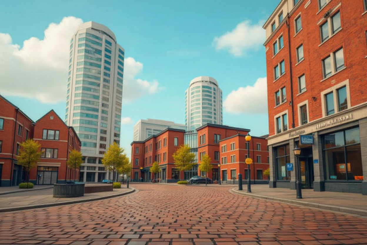 Urban landscape with a charming cobbled street bordered by brick buildings