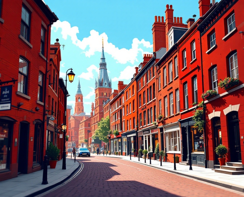 Red-brick buildings under a bright blue sky.