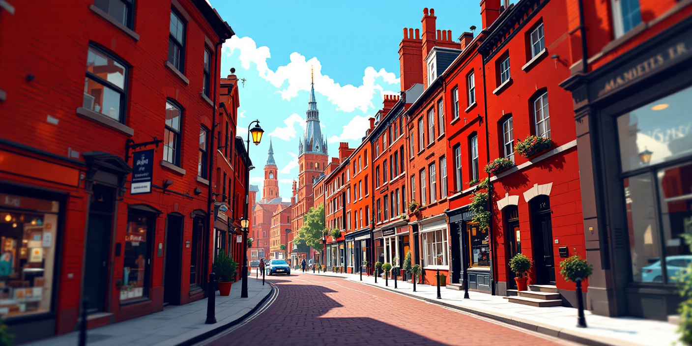 Red-brick buildings under a bright blue sky.